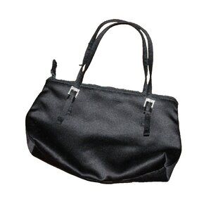 Black Mini Purse Zip Close Black Satin W/ Rhinestone trim Small Elegant 8x5"